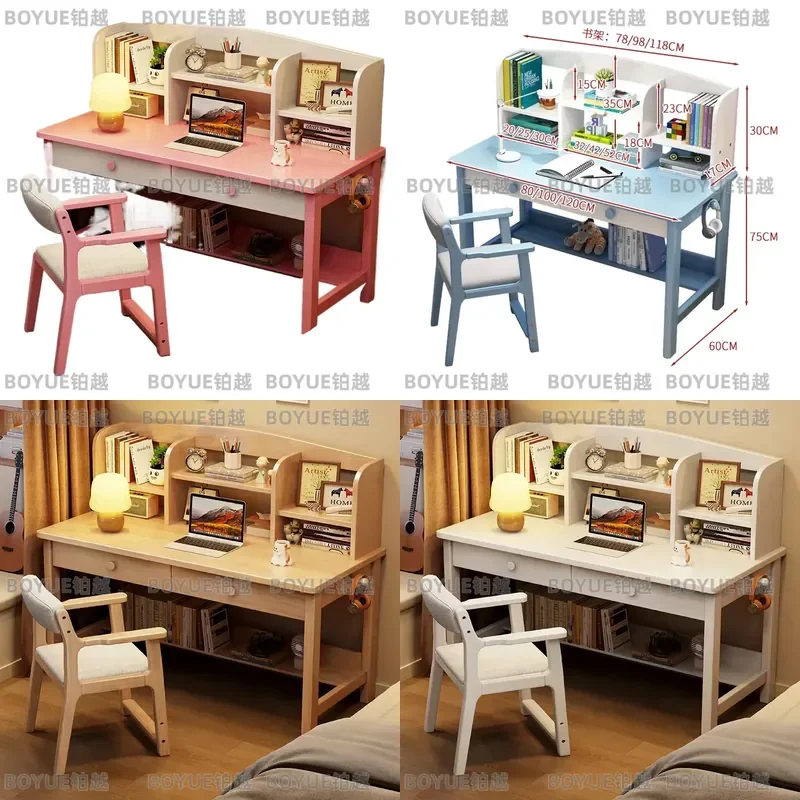 Modern Wooden Kids Study Desk and Chair Set with Drawers Ergonomic Student Writing Table for Girls School Home Learning