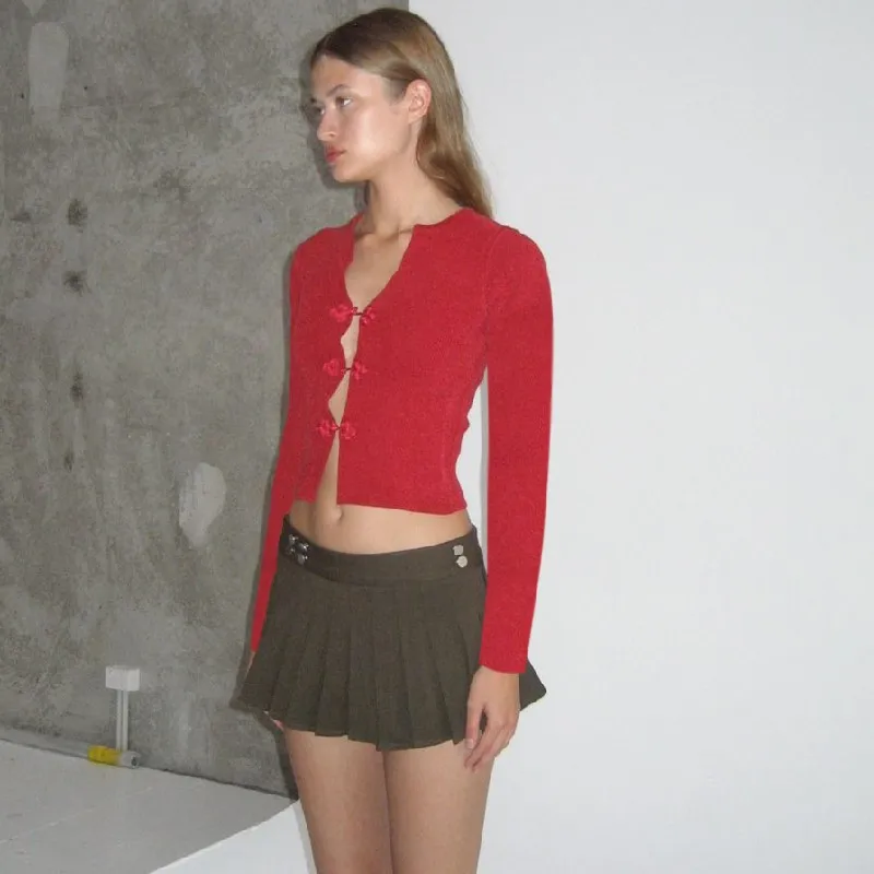 WhereMery Sexy V-neck Hollow Top Chinese Knot Long Sleeve Knitted Summer Slim Fit Waist T-shirt Top Party Nightclub 2024 Women