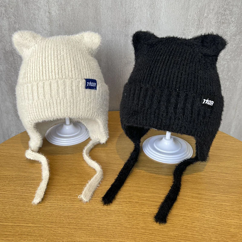 

New Women Cute Cat Ear Earflap Winter Hat Fashion Windproof Knitted Hat Kpop Style Soft Beanie Hats Candy Colors Streetwear Cap