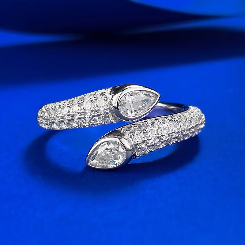 

925 Sterling Silver Cubic Zirconia Cz White Gold Plated Double Pear Shaped Open Statement Ring