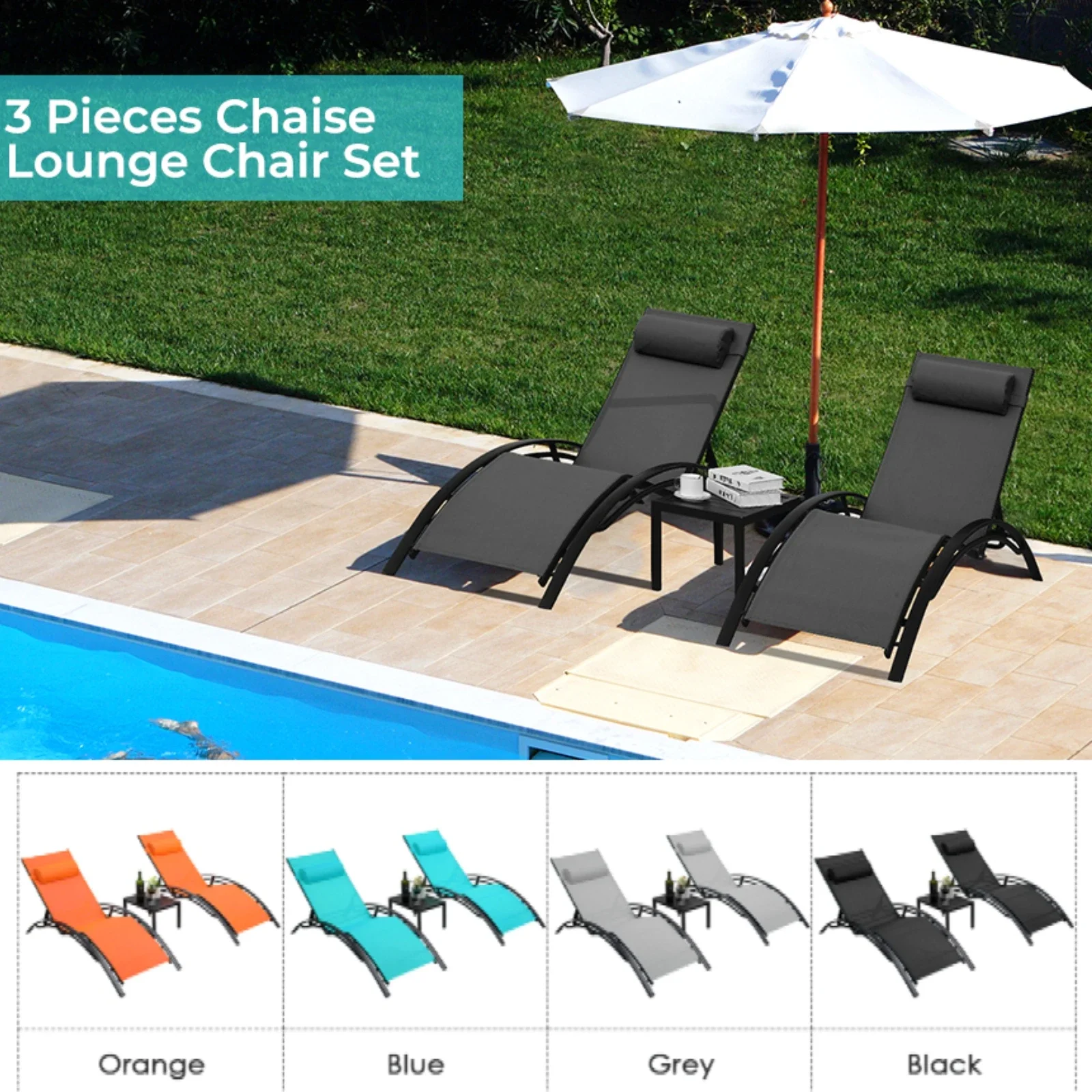 

3PCS Pool Chairs Patio Adjustable Sunbathing Sunbathing Poolside Chairs with Side Tables For Outdoor Beach Camping