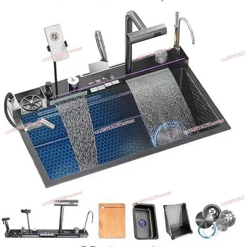 

Multifunctional sink, three waterfalls, water outlet, knife holder, whale with mobile phone holder, washer, spray gun.