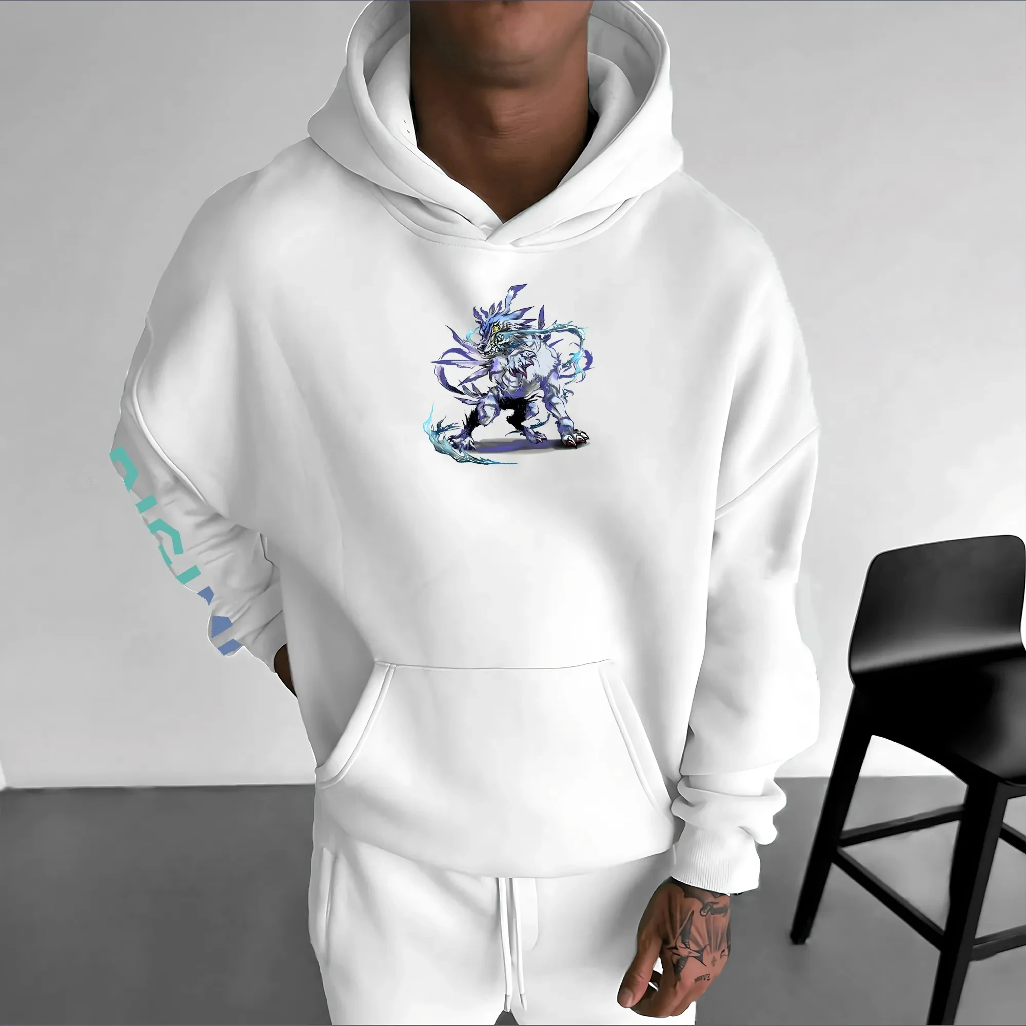 Digimon أنيمي Garurumon هوديي مرسومة باليد 2025 الصيف والخريف الرجال Harajuku فضفاض عادية للأطفال الوالدين والطفل البلوز