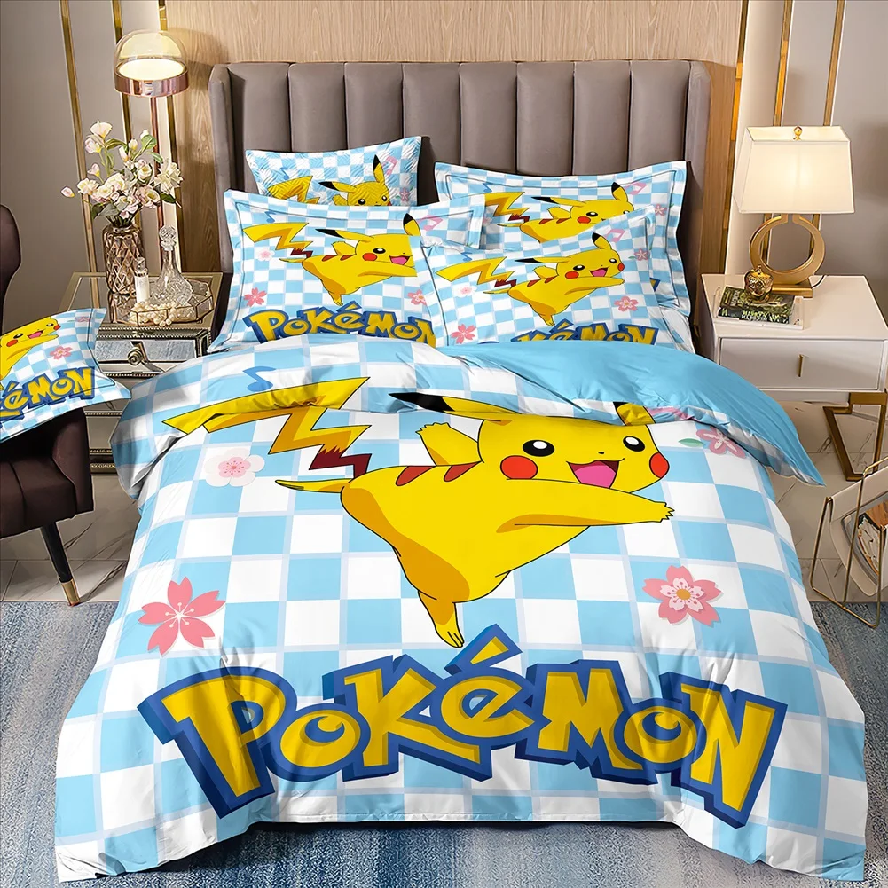 Pokemon Bedding Set Yellow Ash Ketchum Snorlax Cartoon Pikachu Quilt Cover Quilts Queen Size Super Soft Comforter Cover