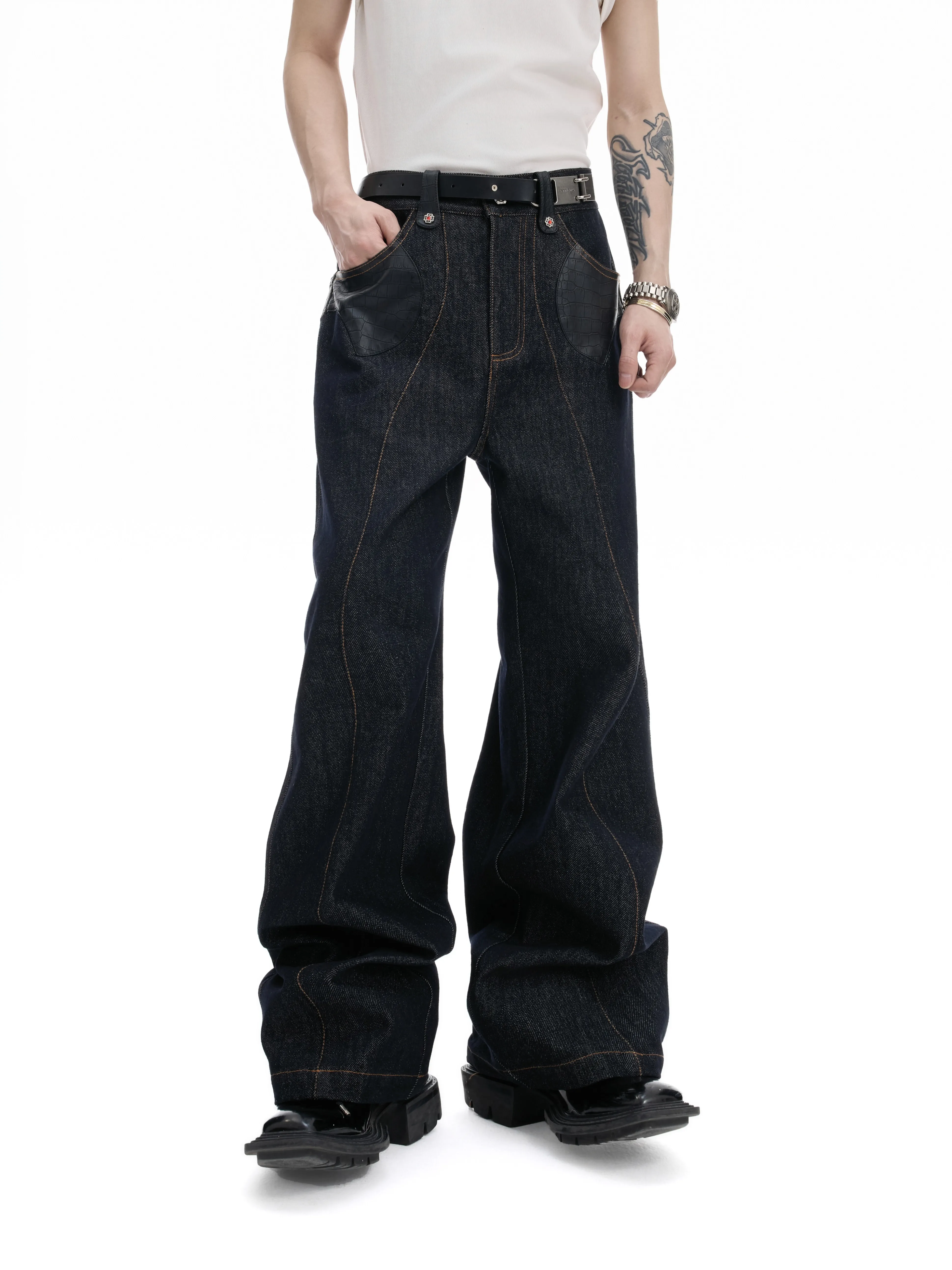 High Street Jeans Pants Men's Retro Crocodile Leather Patchwork Original Color Denim Suit Short Denim Pant
