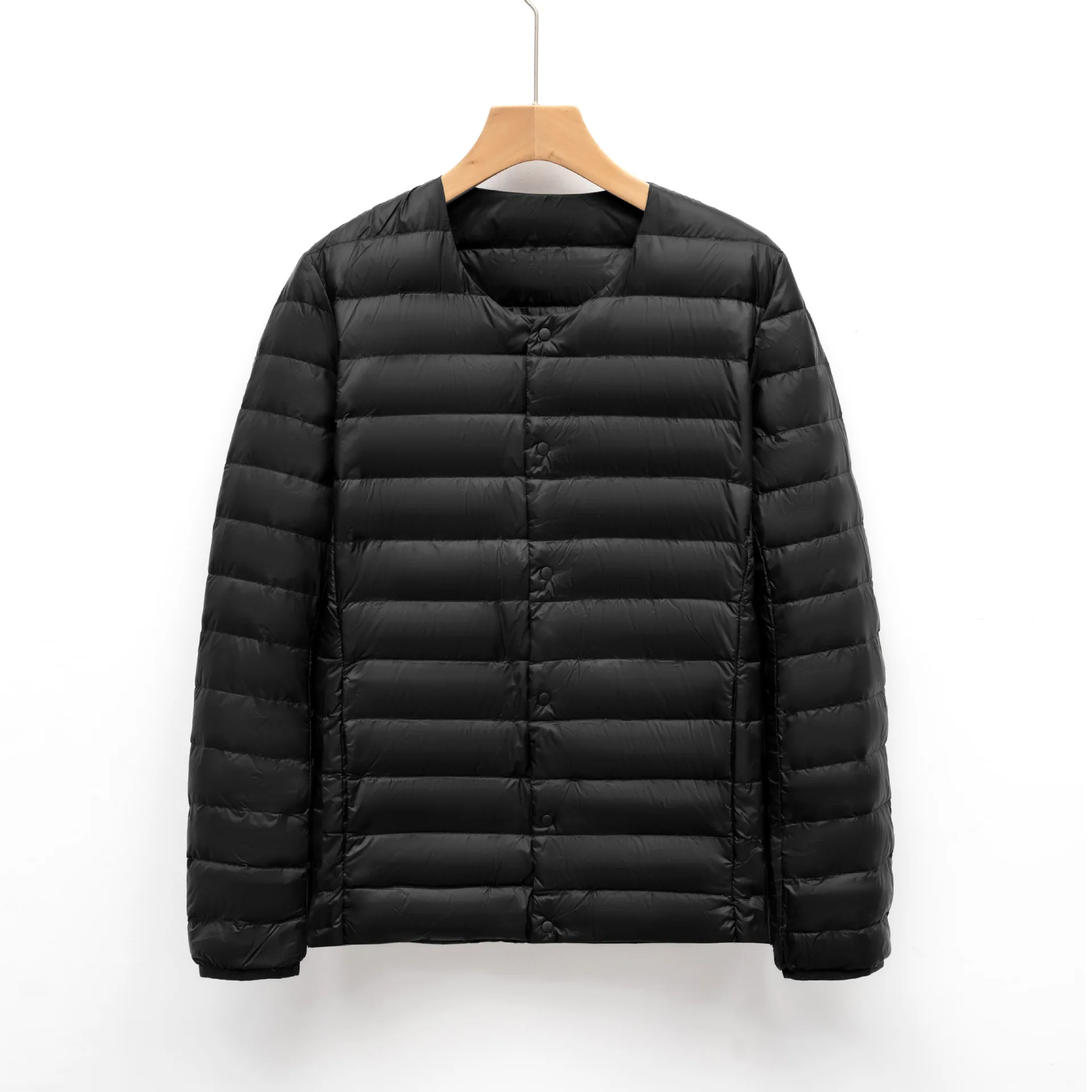 

Men's Autumn and Winter Round Neck Down Lining Thin Collarless Warm Simple Solid Color Button Light Down Jacket