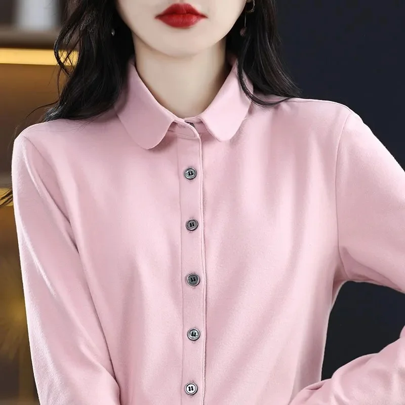 Camicia con colletto a risvolto morbido alla moda 2024 nuova camicia Casual da donna top primavera autunno inverno addensare camicia a fondo caldo femminile