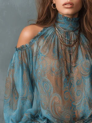 Boho Paisley-Print Chiffon-Top Damen Sexy Off-Shoulder Bluse mit Trompetenärmeln Retro 70er Fairycore Hemden – Detail 4