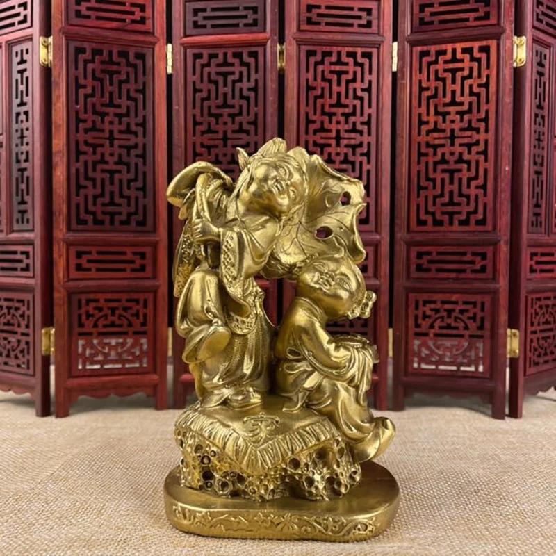 Exquisitely crafted figure home living room decoration: brass harmonious boy with lotus leaf ornament
