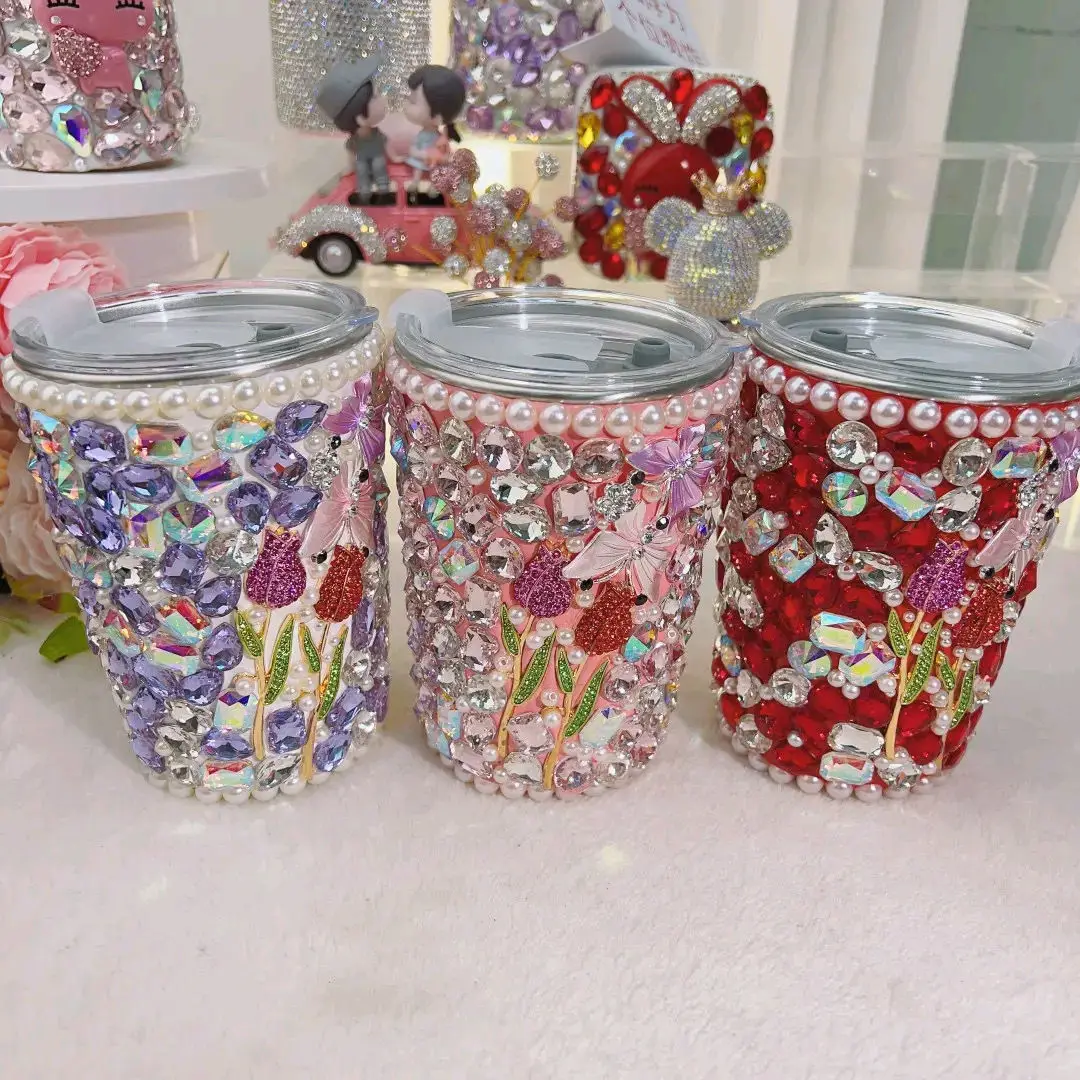 Rhinestones Stainless Steel Bling Cups With Straw Lid Coffee Mugs Juice Cold Drink Water Bottle Crystal Diamond Thermos Tumbler