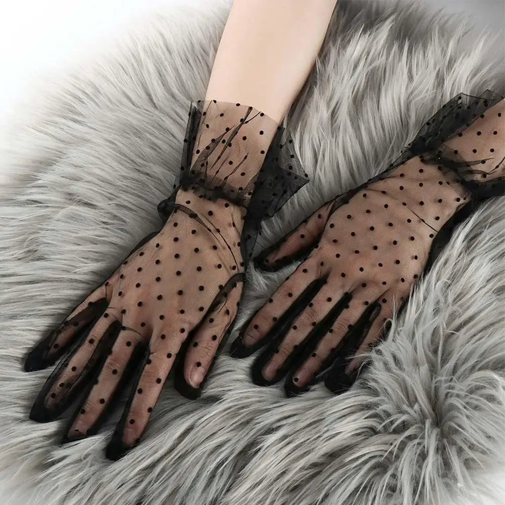 Autumn Summer Mesh Lotus Leaf Stretchy Driving Cycling Polka Dot Gloves Lace Gloves Women Lace Gloves Korean Style