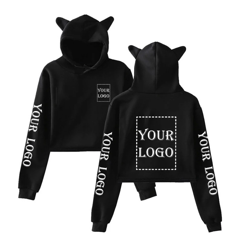 Custom Crop Hoodie Your OWN Design Brand Logo/Picture Printing Sweatshirt Women Fashion Cat Ear Hoodie Kpop Hip-hop DIY Clothes