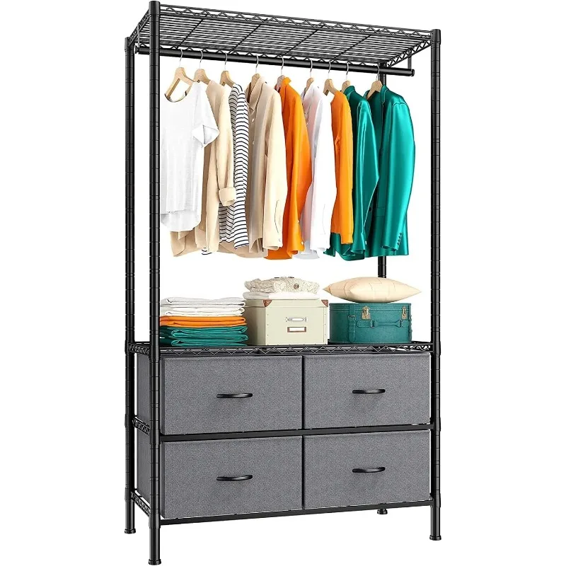 

Clothes Rack with 4 Drawers and Shelves,Heavy Duty Clothing Rack for Hanging Clothes,Portable,Sturdy and Durable,Black