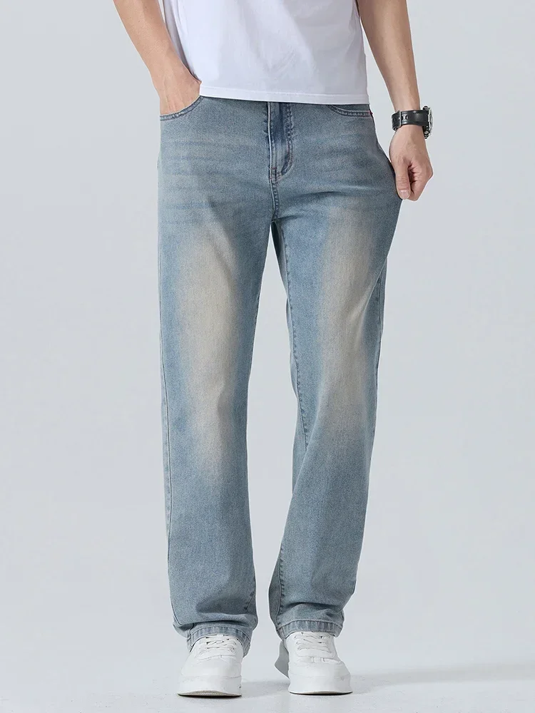 البوب الصيف رقيقة الرجال المطبوعة الجينز تنفس موضة الأعمال السراويل فضفاضة غسل خمر عادية سراويل جينز الذكور