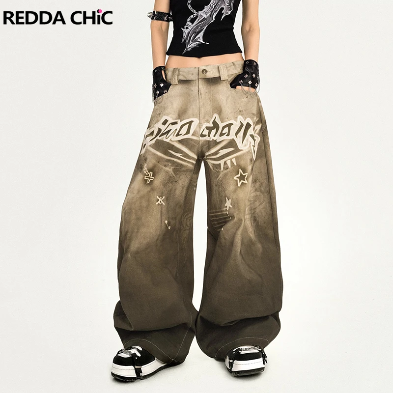 REDDACHiC Y2k Stampa Star Baggy Jeans Donna Distressed Tasche sfumate Gamba larga Vita bassa Pantaloni a botte Abiti estetici di moda