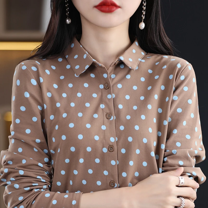 Spring And Autumn New Pure Cotton Women's Long Sleeved POLO Neckline Loose Fashion Wave Dot Elegant And Versatile Top Shirt