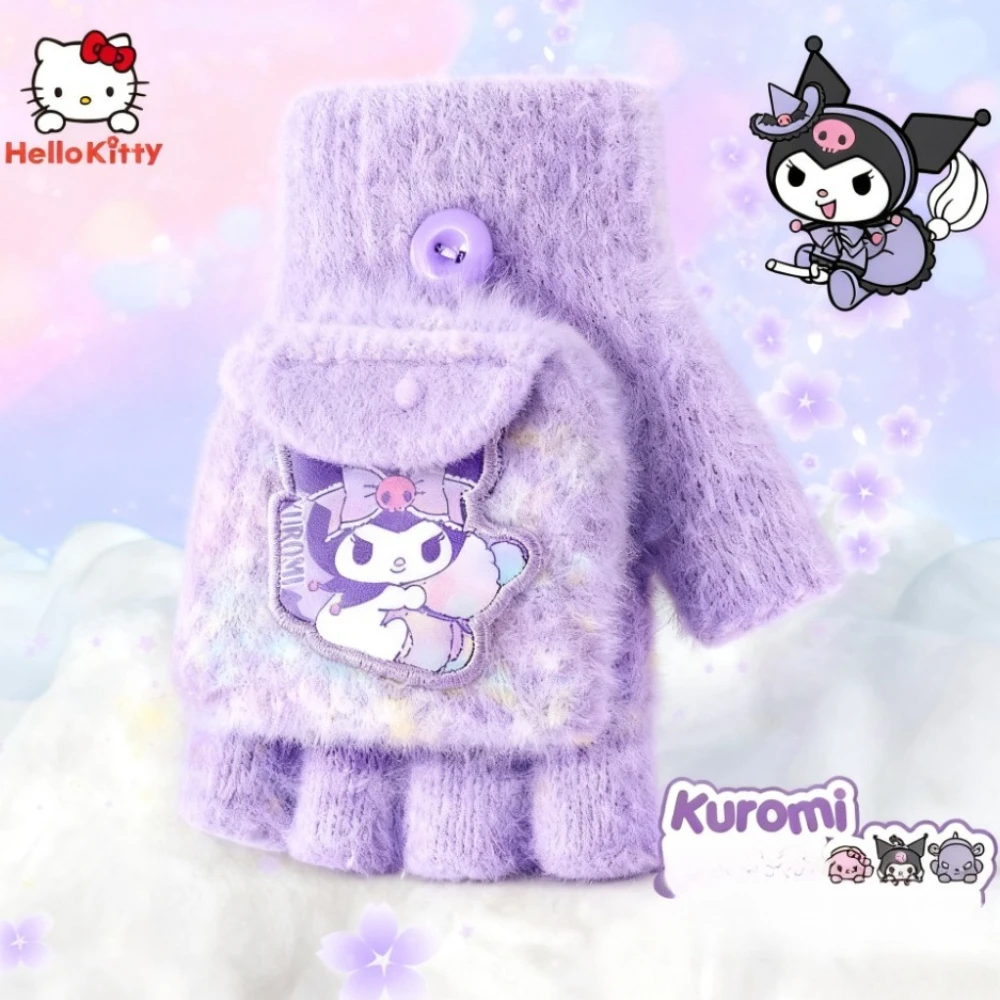 

Sanrio Kuromi Children Gloves Winter Girls Half Finger Flip Top Fingerless Gloves Thickened Baby Warm Products Girls Gift