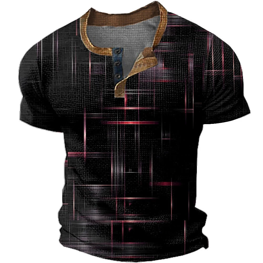 Sommer Henley-Shirts Abstrakter 3D-Druck Streetwear Herren Lässiges Oversize Kurzarm-T-Shirt mit Knopfleiste Oberteile Männerkleidung – Detail 5