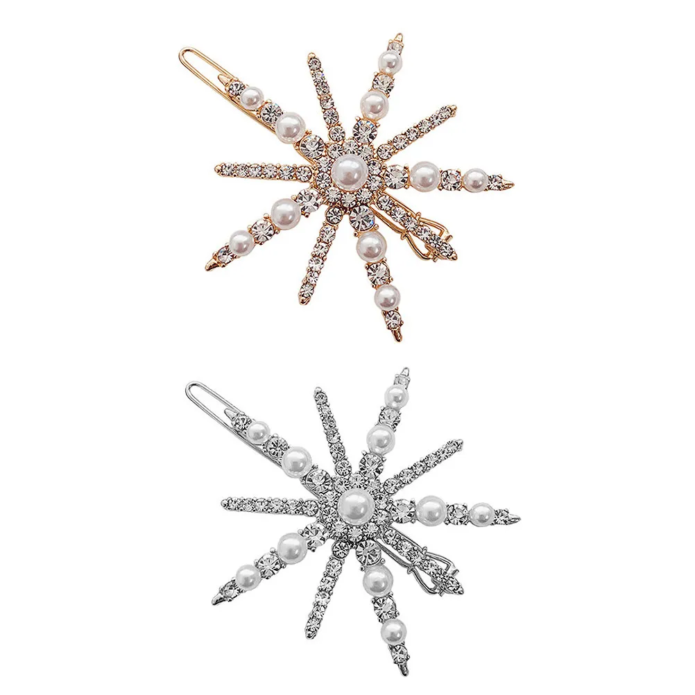 1Set Snowflake Hair Clips Pearl Rhinestone Hairpins Golden Silver Festival Concert Costume Hair Accessories Elegant Hairpins