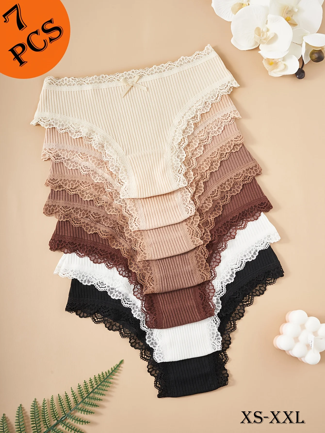 7‑Piece Women's Underwear Set, Earth‑Toned with Small Bow Decorations, Women's Lace‑Trimmed Panties