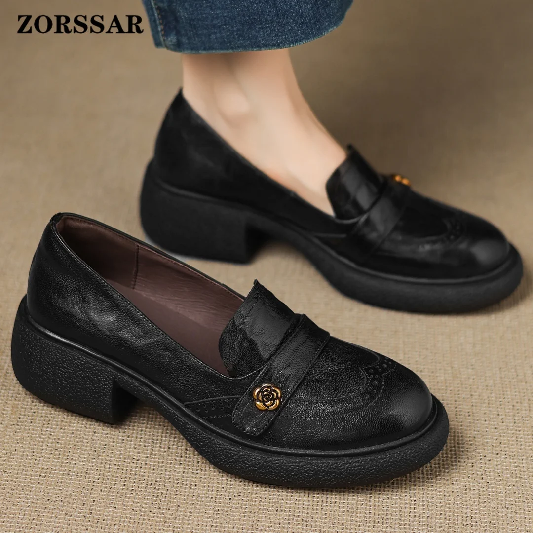 Women's Sheepskin Round Toe Carving British Style Slip-on Loafers 5cm Thick Med Heel Platform Casual Female Moccasins Shoes Sale