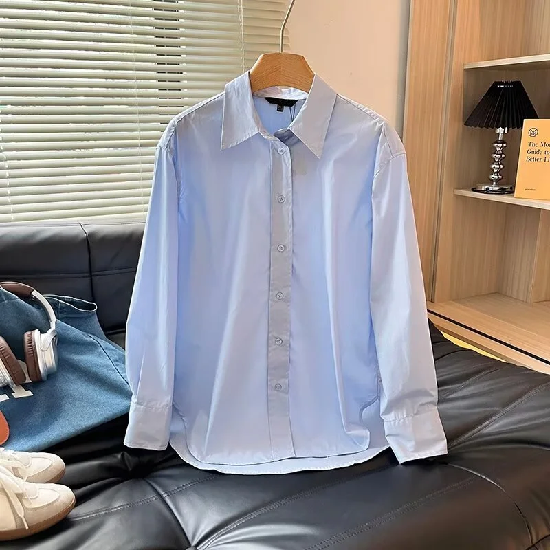 

Withered Women's Cotton Long Sleeved Shirt For Autumn Spring Nordic Minimalist Solid Color Casual Basic Shirt For Women Top