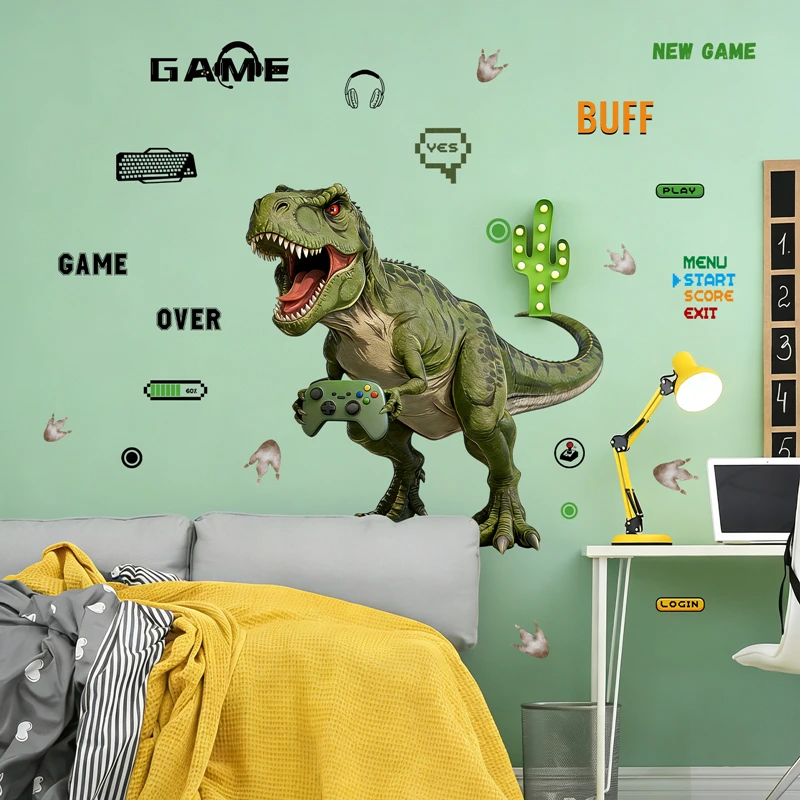 Cartoon Funny Dinosaur Game Element Vinyl Wall Stickers Removable for Kids Room Bedroom Home Decoration Easy to Peel & Stick