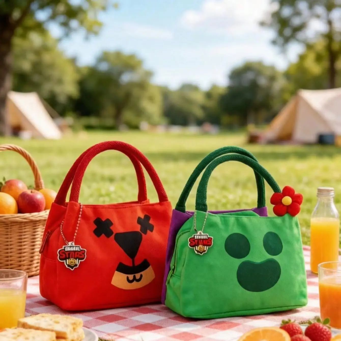Brawl Stars Officially Licensed Canvas Lunch Bag with Zipper Cartoon Character Print Large Capacity Portable Food Storage Bag