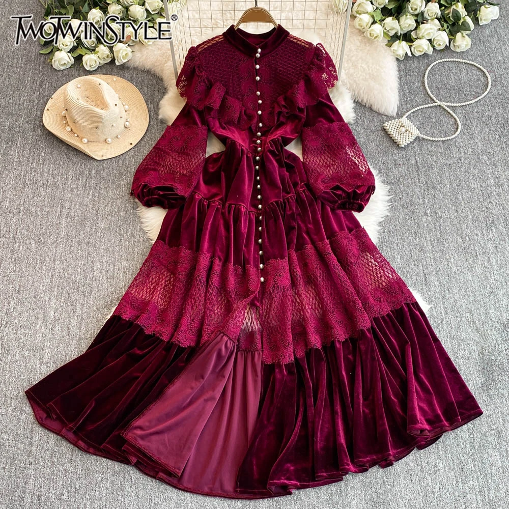 

TWOTWINSTYLE Patchwork Lace Elegant Dress For Women Stand Collar Puff Sleeve High Waist Temperament Dresses Female New KDR517568