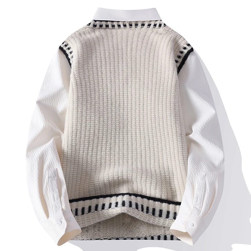2025 Autumn Fashion Turn Down Collar Sweater Men Youthful Vitality Knitted Pullovers Mens Patchwork Loose Casual Knit Sweater