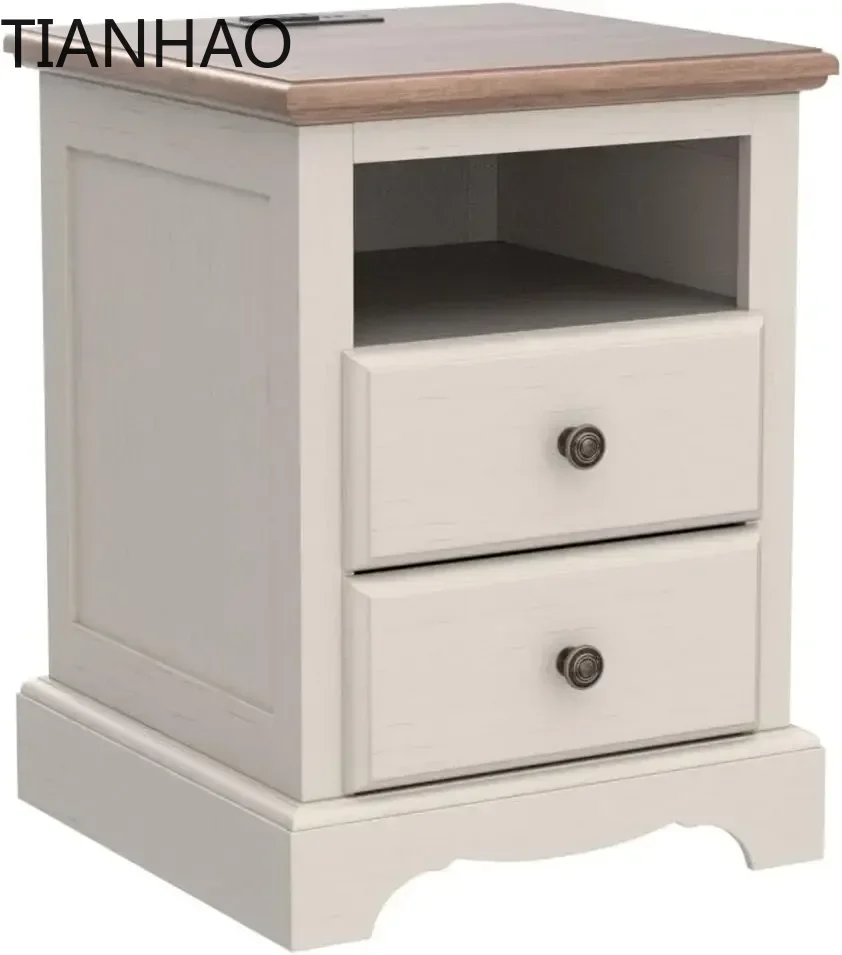 A Nightstand with Charging Station, 18 Inch Vintage End Table with 2 Drawers, Wood Rustic Sofa Side Table with Open Storag