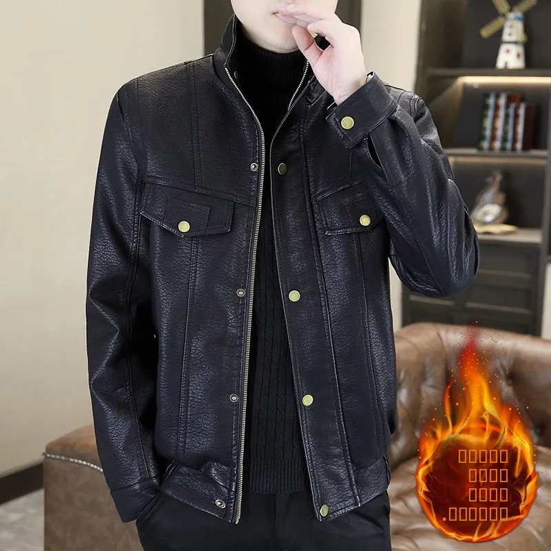 

Мужская утепленная кожаная куртка с флисовой подкладкой, воротником-стойкой, в байкерском стиле, осенне-зимняя, модная, повседневная, однотонная, корейская версия