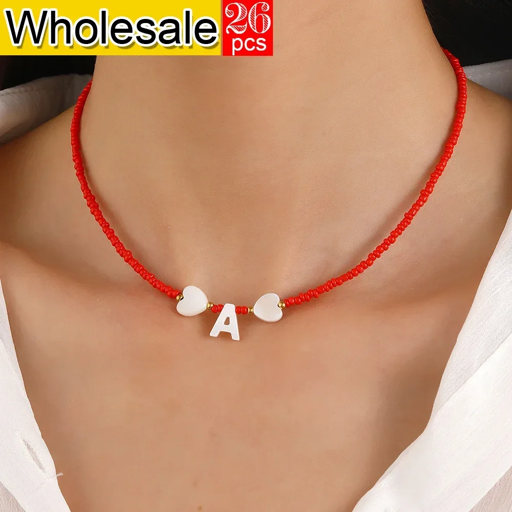 

26PCS Bohemian Style Choker Neck Women Necklace Beike Initial Letter Red Rice Bead Necklaces Women's Jewelry Birthday Gift Trend