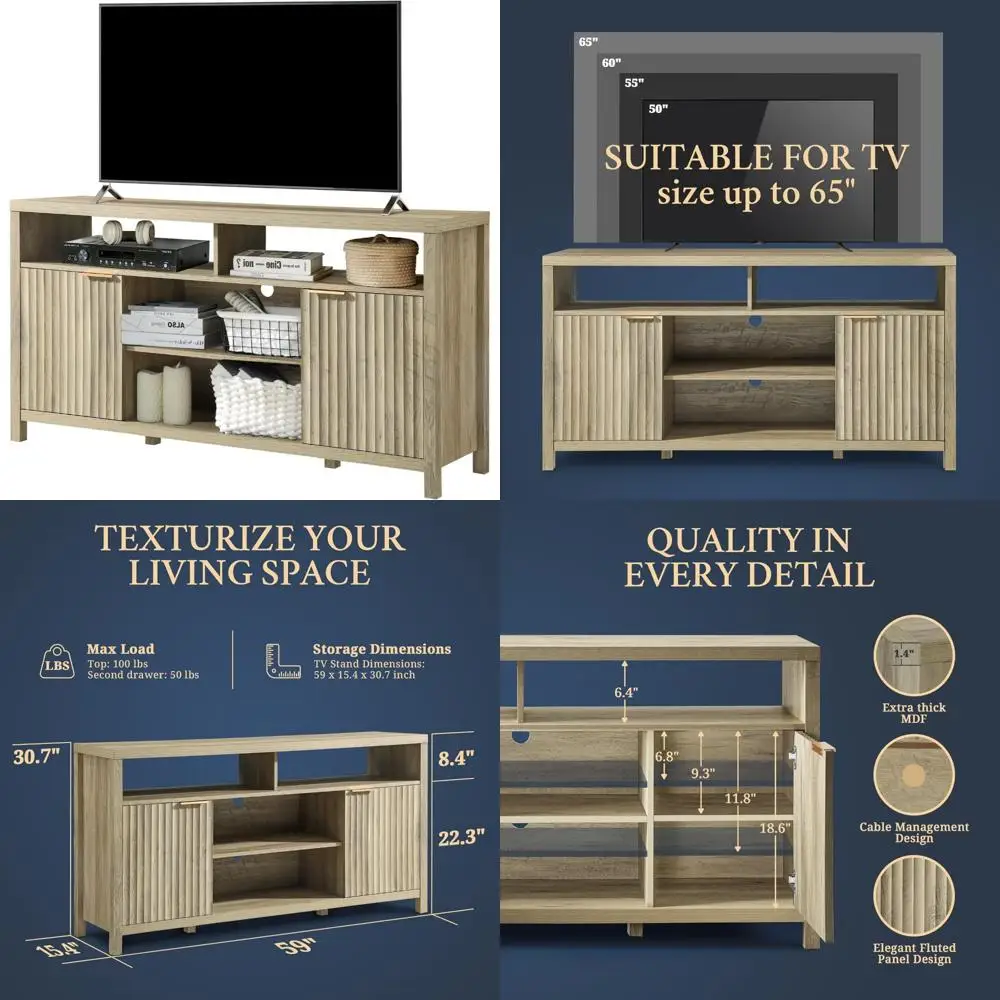 حامل تلفزيون عالي التحمل حديث لمنتصف القرن مع مساحة تخزين لغرفة المعيشة، مركز ترفيه طويل القامة مخدد للتلفزيونات مقاس 50 بوصة