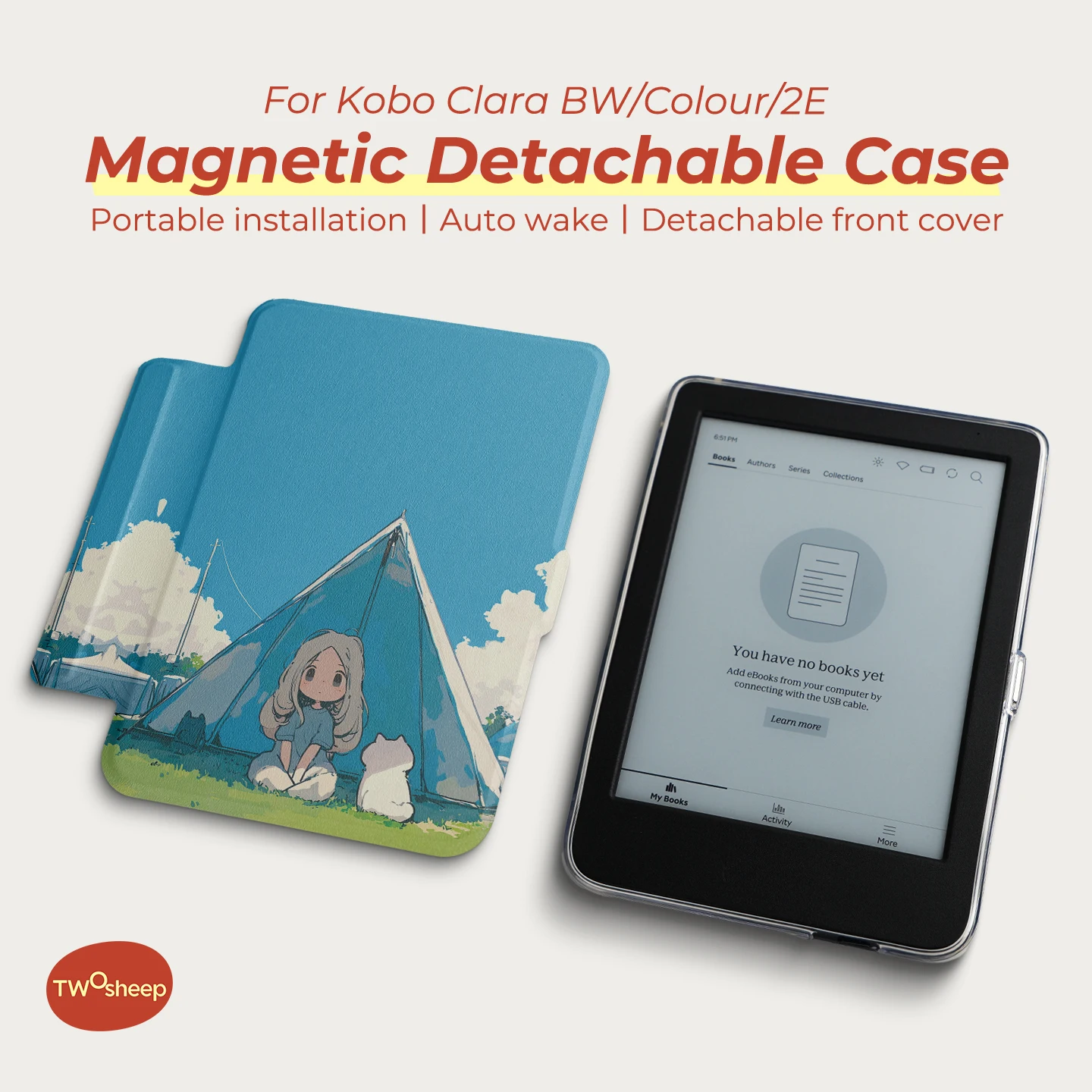 

Чехол Twosheep для Kobo Clara BW, Clara Color, Clara 2E, 6 дюймов, магнитный, съемный, с прозрачной задней панелью, функцией автоматического включения/выключения, для девочек, стильный