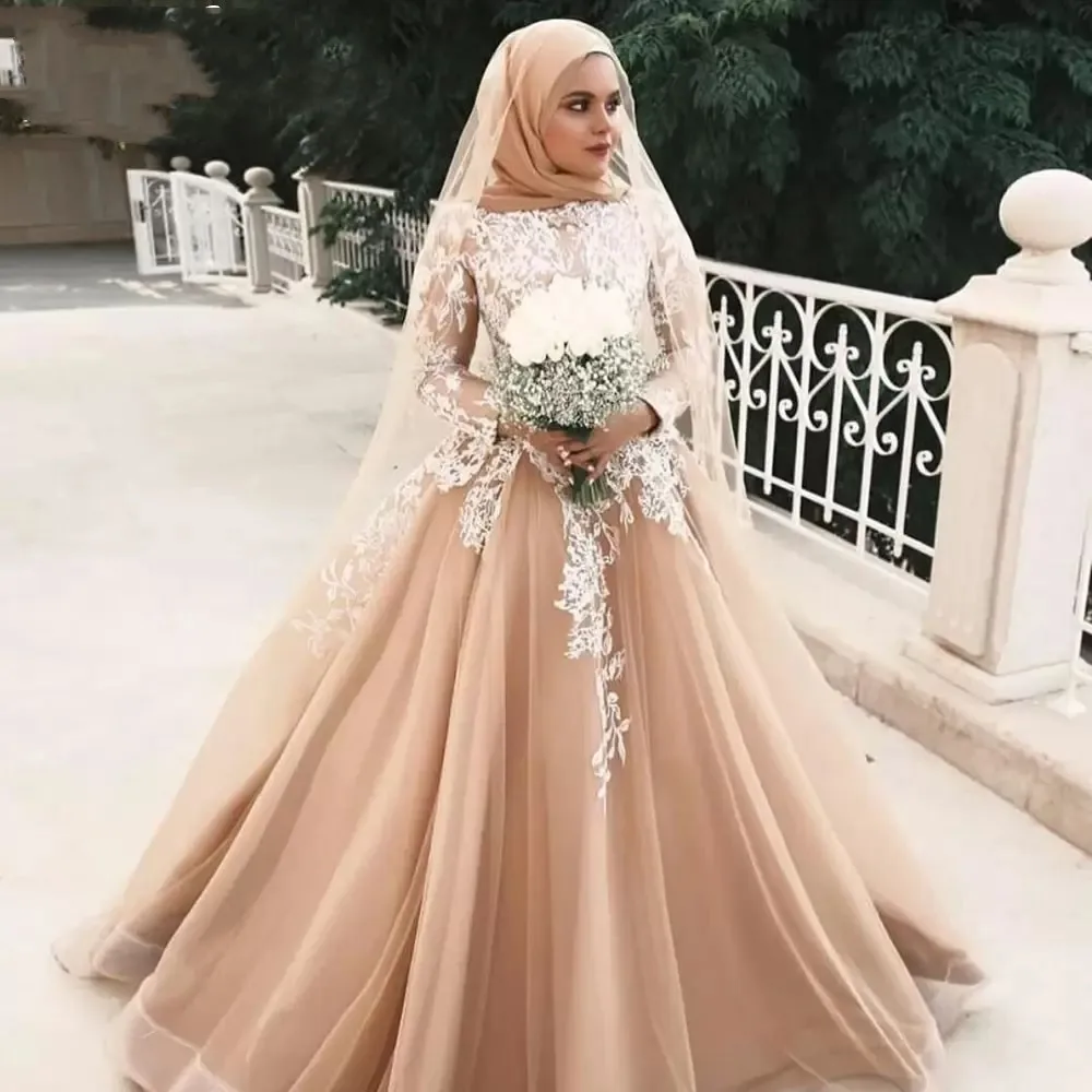 

Champagne Mulim Wedding Dresses White Lace Appliqued Bridal Gowns 2023 Tulle Vestido De Novia Arabic Dubai Turkey Robes
