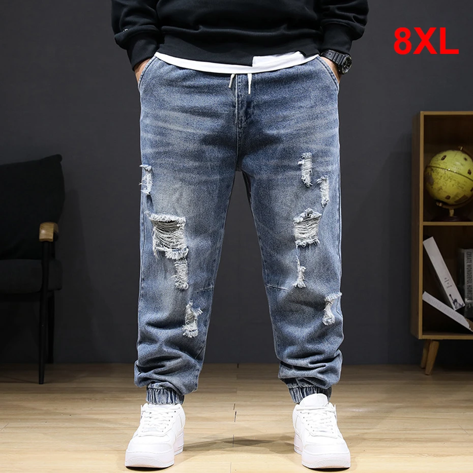 

Fashion Streetwear Ripped Jeans Men Jogger Pants Plus Size 8XL Denim Pants Male Stretch Waist Jeans Big Size 8XL