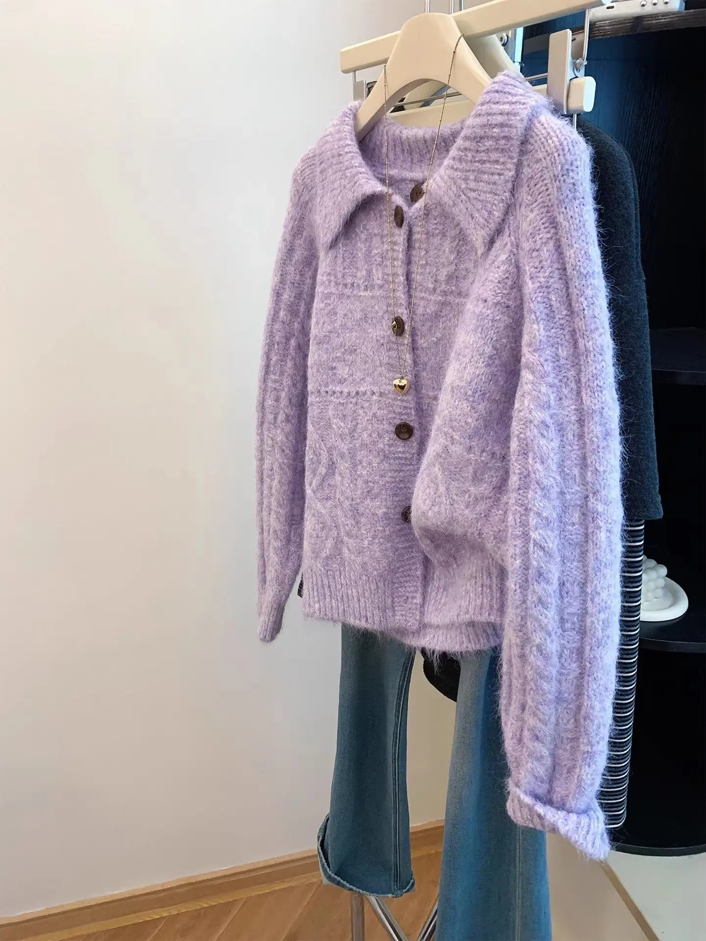 

Turn Down Collar Long Sleeve Knit Cardigan Women Korean Gentle Single Breasted Soft Sweater 2026 Spring Autumn Loose Outerwear