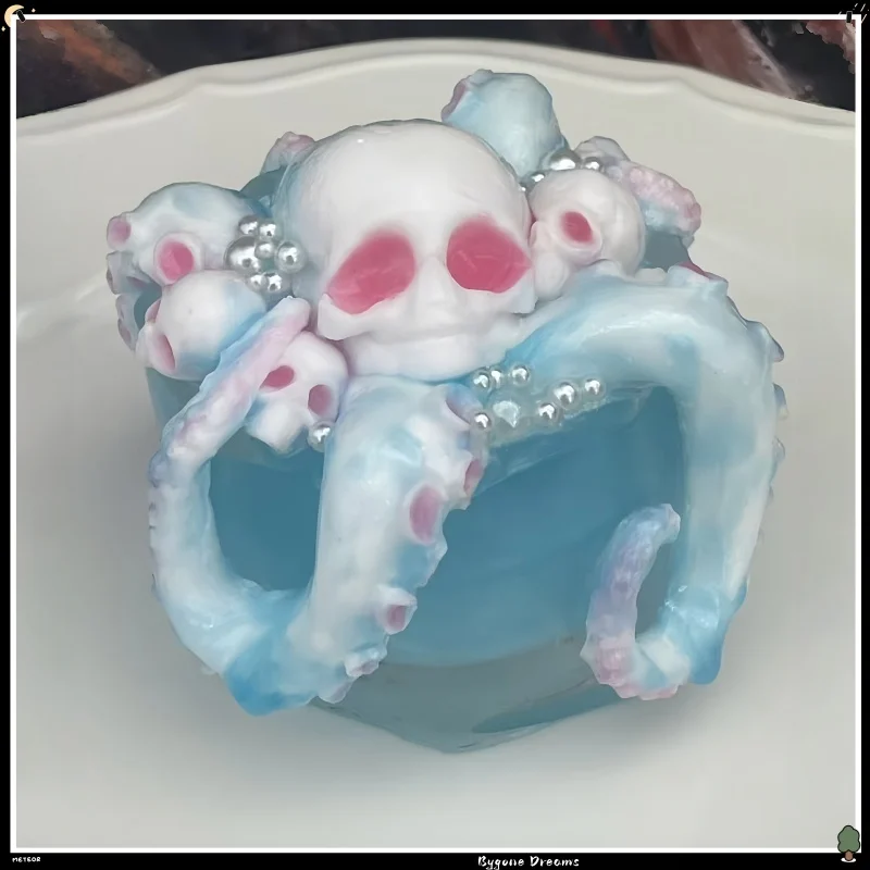 Handmade Octopus Skull Squishy Pinch Toy Blue Pink Gradient Tentacle Stress Relief Fidget Toy Pearl Decor Gothic Squeeze Toy