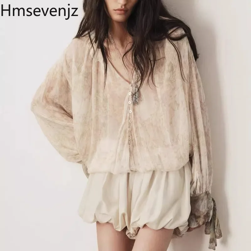 

Hmsevenjz V-neck Printed Asymmetrical Shirt for Women's Spring Chiffon Bow Long-sleeved Shirt Fashion Female Clothes