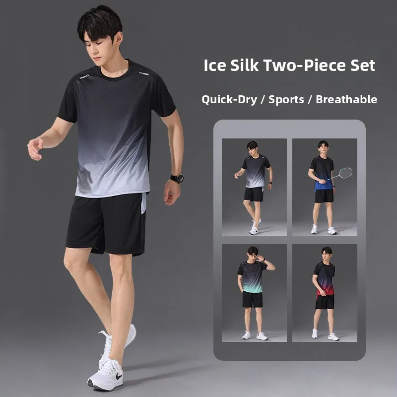 Men's Fitn Sportswear Set Ice Silk Loose Thin Summer Qui Dry Breathable Cool Sle Two Piece Suit Teenage Boys Clothing