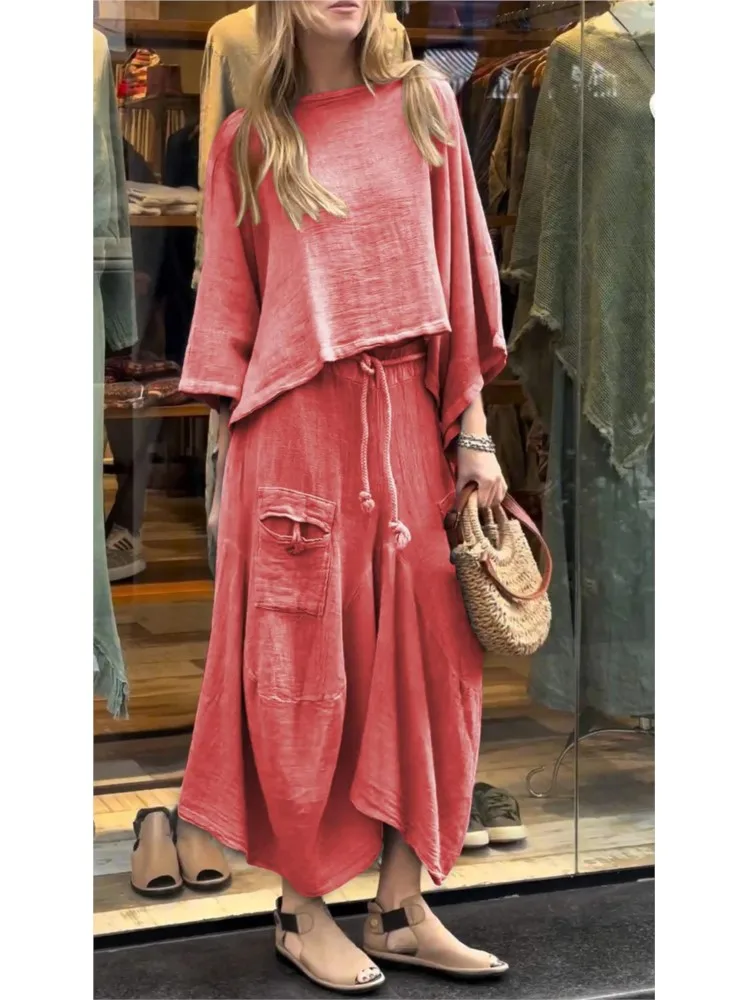 Fashionable O-neck Bell Sleeve Top + Skirt For Women Spring Summer Solid Color Pocket Lace Up Loose Casual Irregular Suit Female