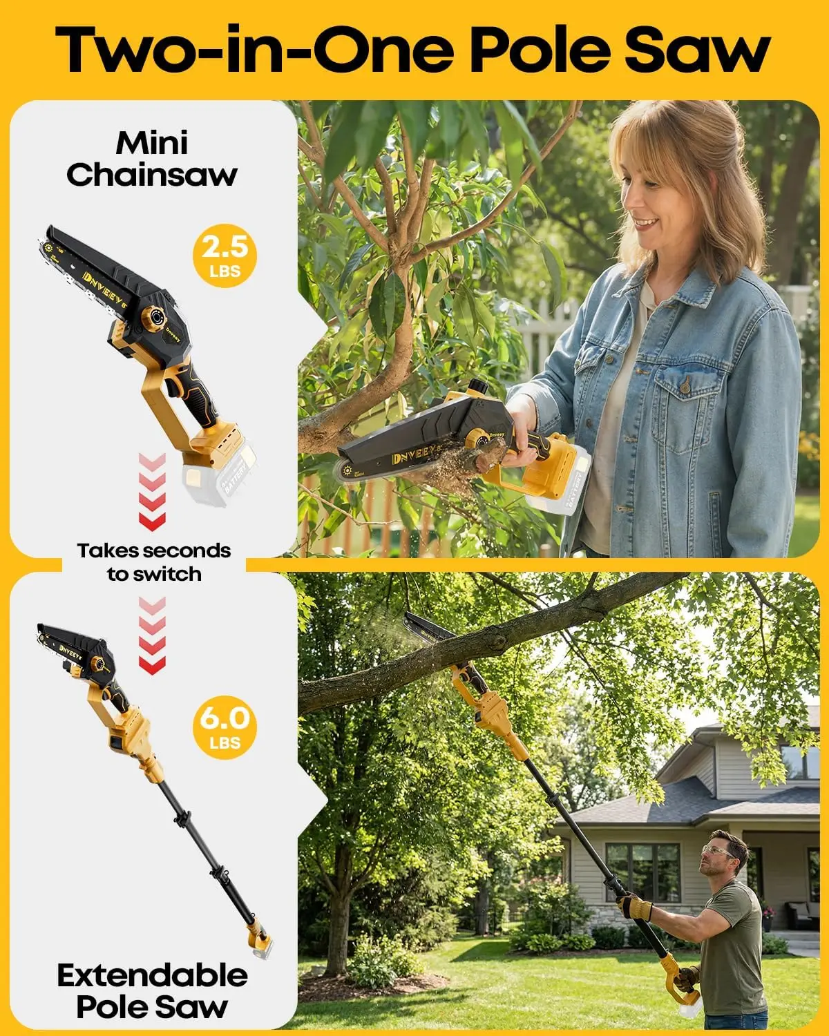 2 In 1 Cordless Pole Saw 20V 8 Inch Black