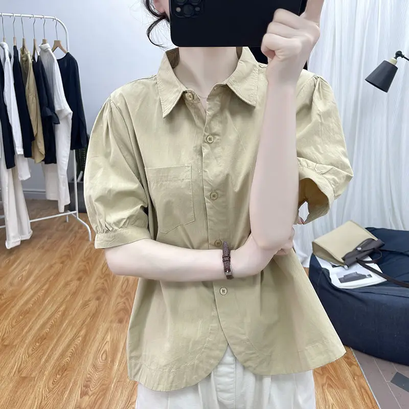 Summer new pure cotton irregular lantern sleeve short sleeves shirt for women's loose age reducing casual commuting chic top