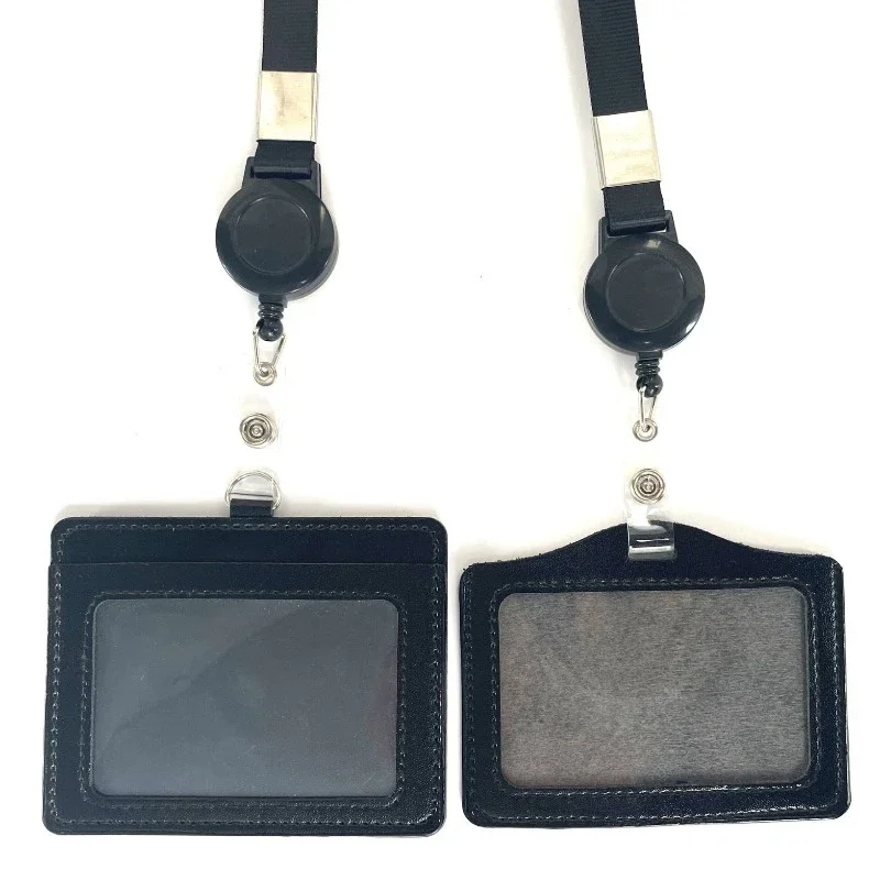 

PU Leather Working Permit Case with Retractable Lanyard Exhibition ID Card Holder Neck Strap Set Black Badge Holder Name Tag