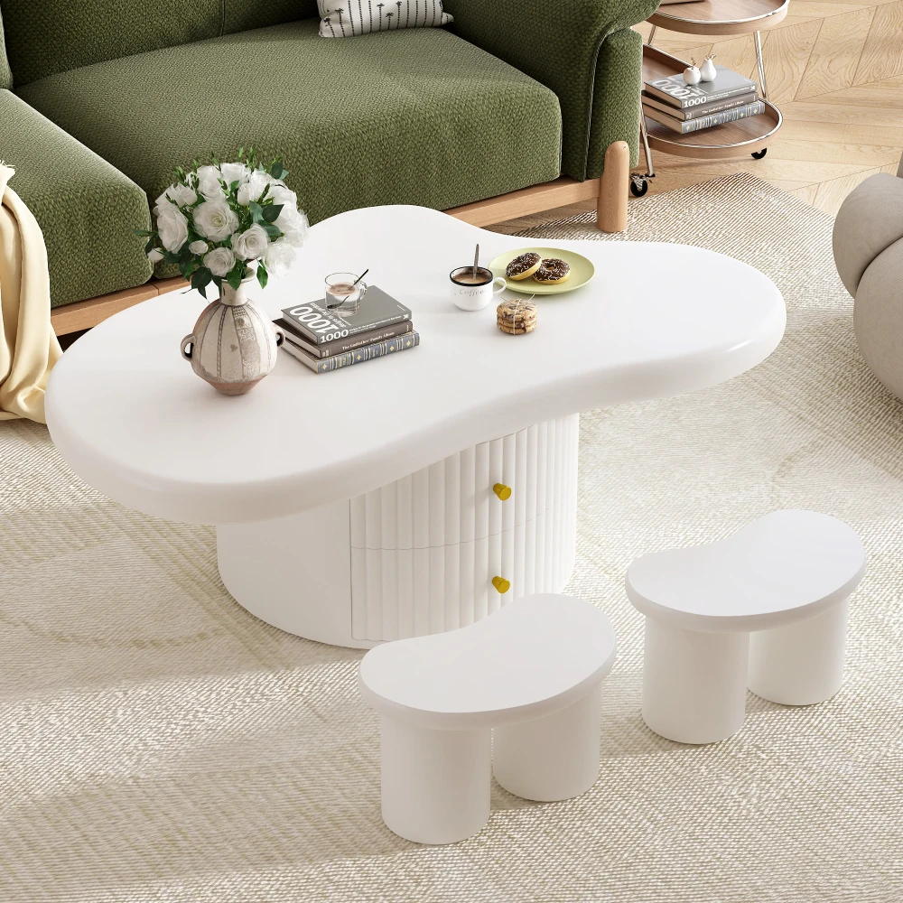 U-Can Cloud Coffee Table Set of 3 Irregular Shape Coffee Table with 2 Drawers 2 Small Stools for Living Room