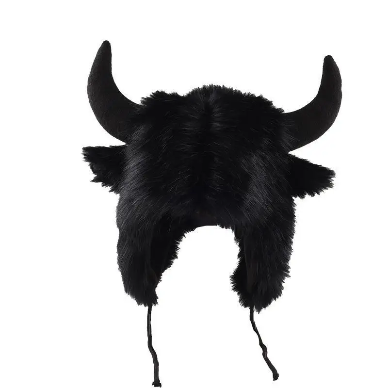 High Quality Unisex Bullhead Hat With Horns Fluffy Bison Hat Thick Windproof Funny Hat