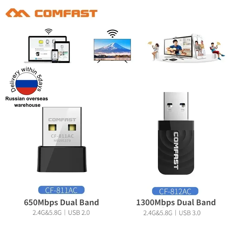 COMFAST-Adaptador USB WiFi Sem Fio, 650-1300Mbps, Dongle, 2.4G, 5Ghz, Placa de Rede, Antena, PC, Receptor Lan, Win 7, 8, 10, 11