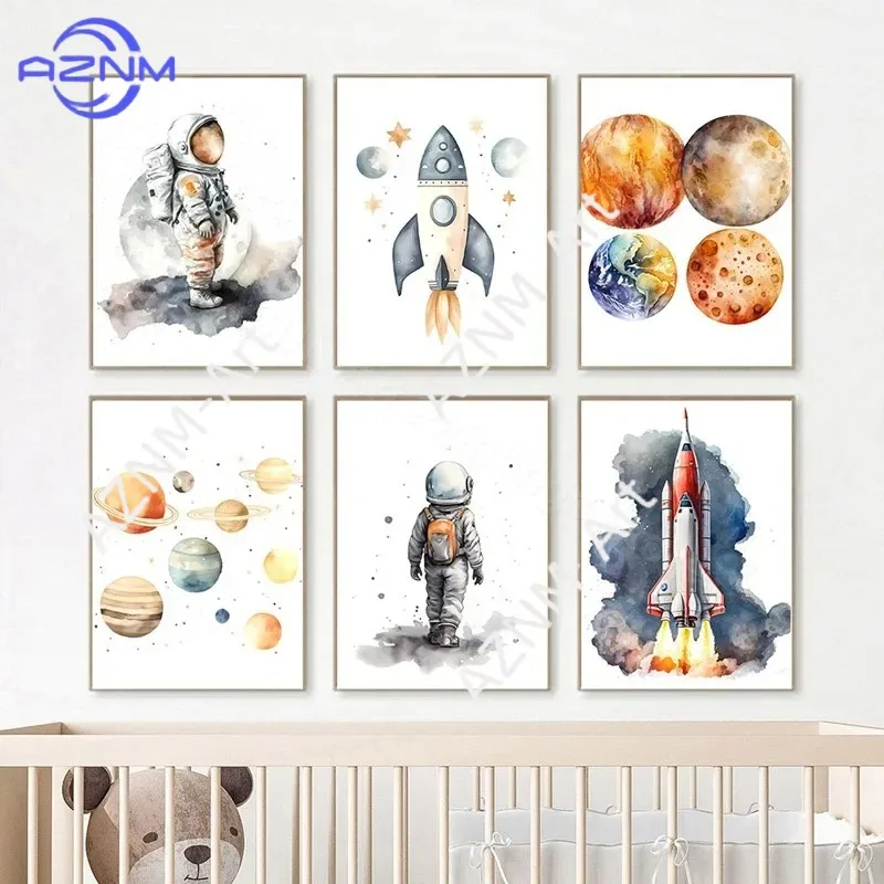 Astronaut Spacecraft Rocket Space Planet Nursery Wall Art Canvas Painting Nordic Posters And Prints Pictures For Kids Room Decor