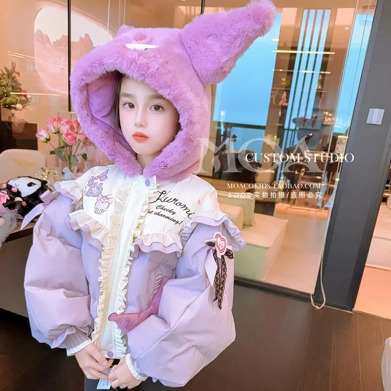 

Kuromi Sanrio, пуховая хлопковая одежда для девочек, осенне-зимнее пальто, модная хлопковая куртка с капюшоном, теплое пальто, детская одежда